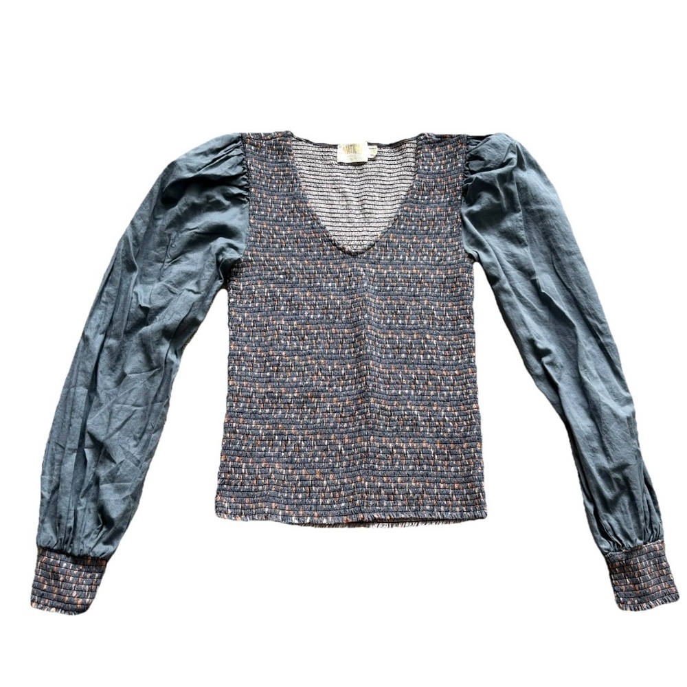 NATION LTD Blue Patterned Ruched/Crimped Bodied Top Size XS Cottagecore
